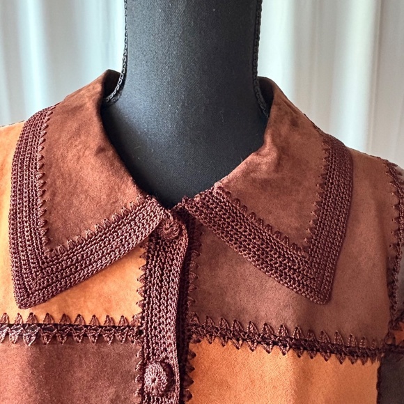 Denim & Co Womens Large Multicolor Leather Patchwork Jacket w/Crochet Seams - Picture 3 of 12